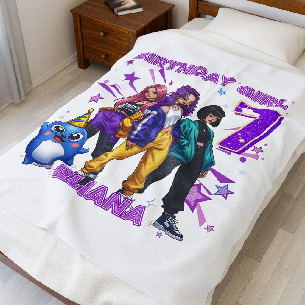 Copy of Birthday Girl 7 Personalized Name Velveteen Blanket | Girls Cartoon Characters, Purple Stars