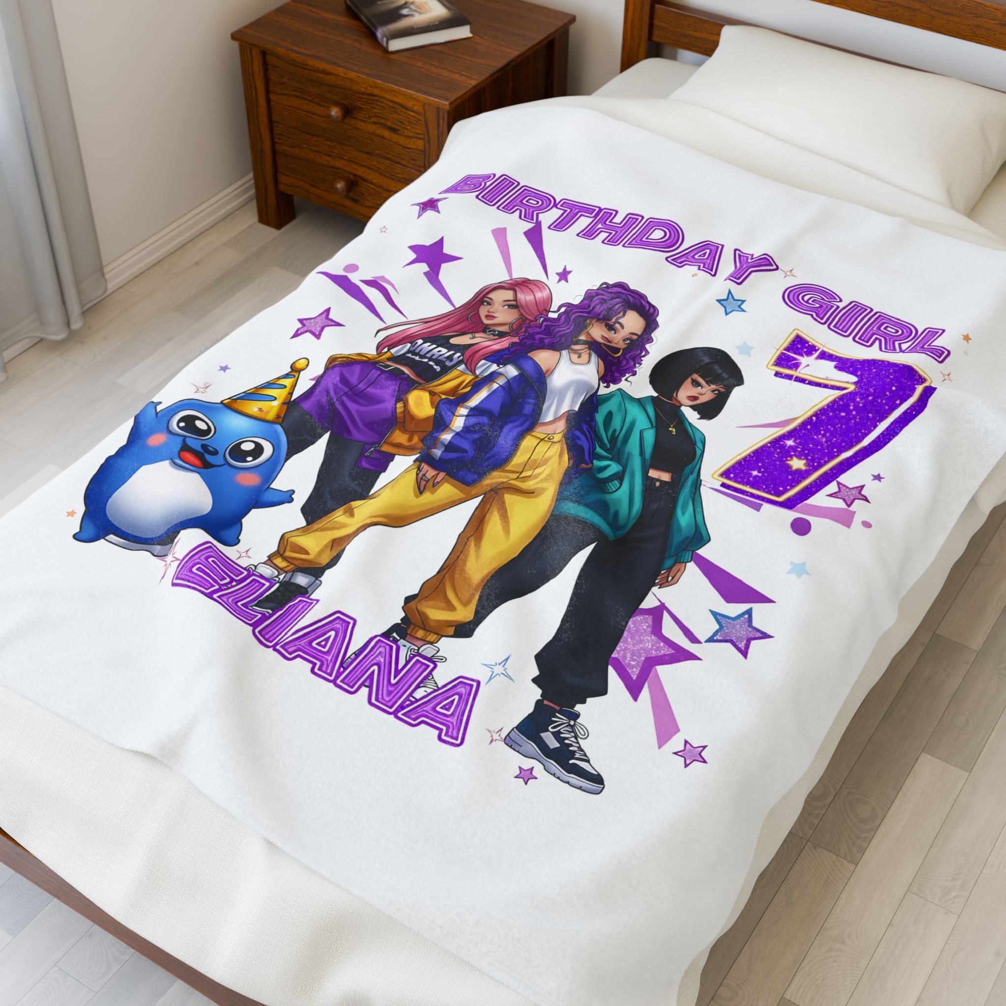 Copy of Birthday Girl 7 Personalized Name Velveteen Blanket | Girls Cartoon Characters, Purple Stars
