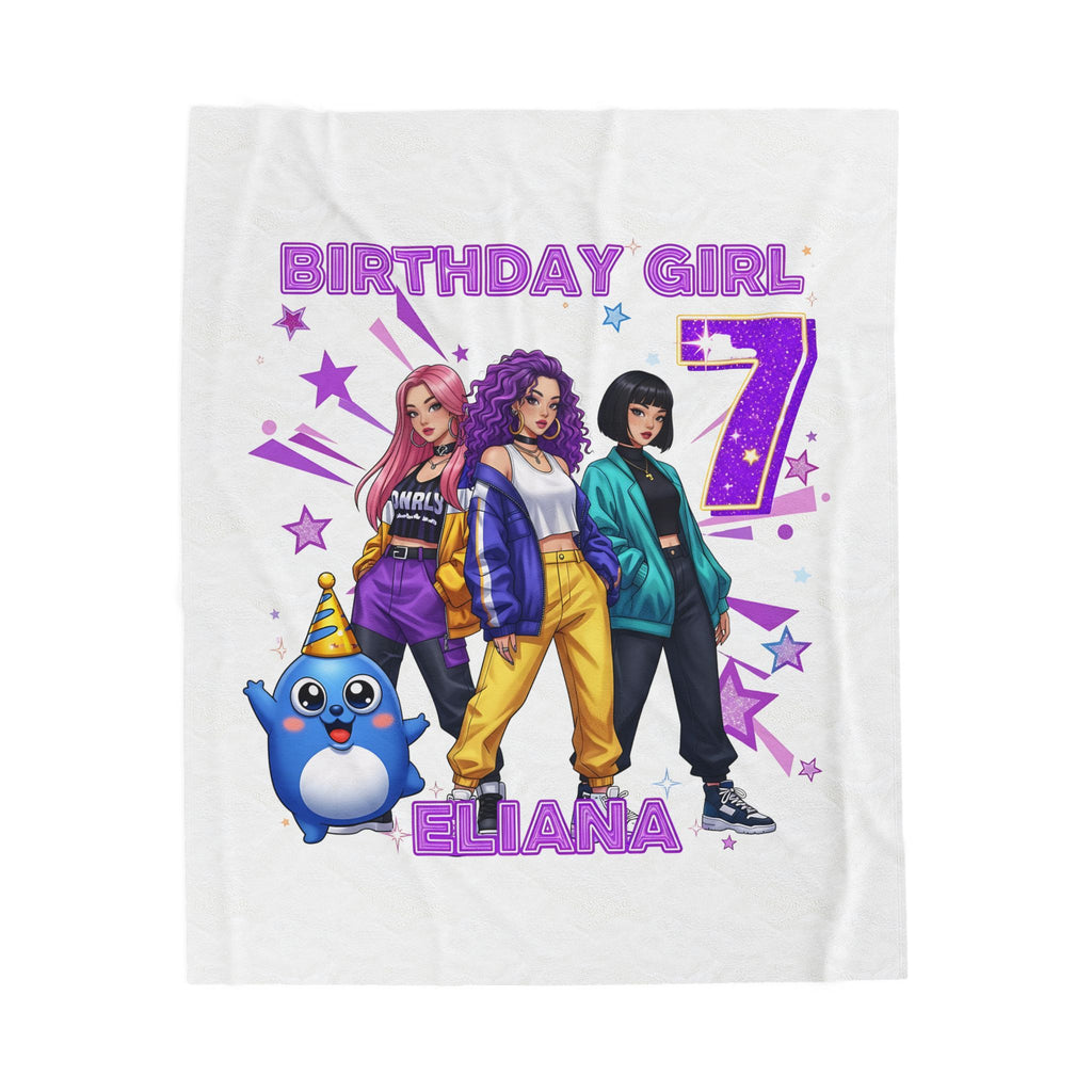 Copy of Birthday Girl 7 Personalized Name Velveteen Blanket | Girls Cartoon Characters, Purple Stars
